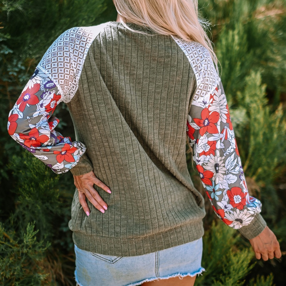 Laurel Green Floral Patchwork Long Sleeve Ribbed Blouse - Picture 5 of 13
